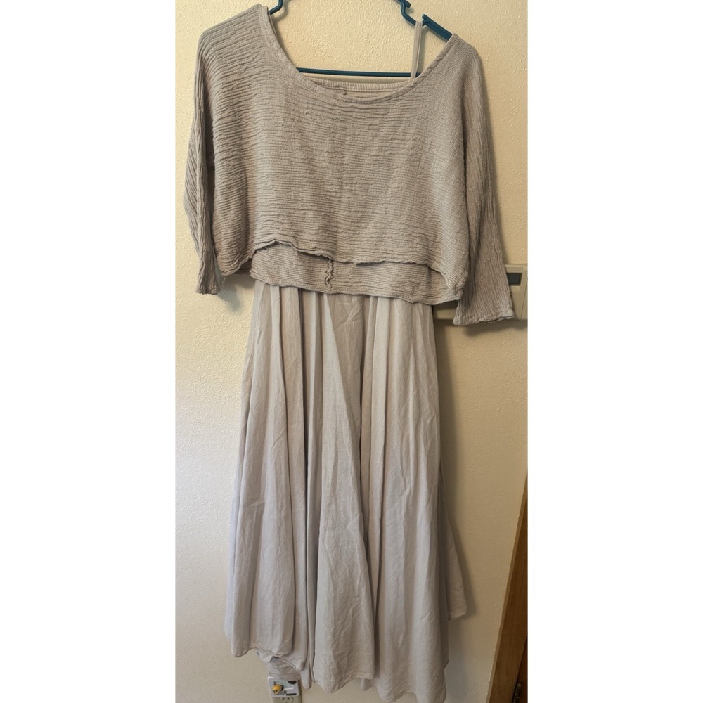 Namsar Beige 100% Cotton Knit Layered Midi Dress Scoop Neck 3/4 Sleeve 2 piece